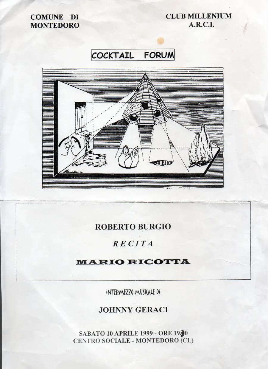 Locandina del Cocktail Forum di Montedoro: Roberto Burgio recita Mario Ricotta, 10 aprile 1999